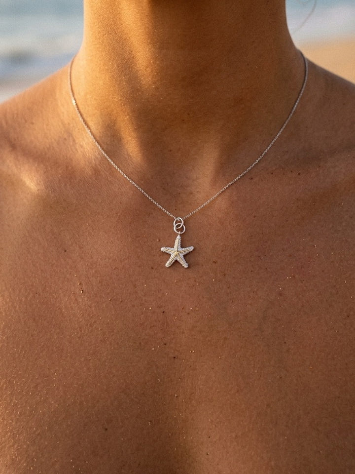 14k 2/tone 16mm Starfish Charm with 35 Diamonds — close-up on model