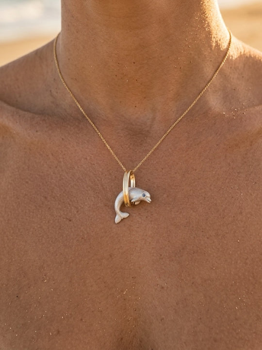 14k 15mm "Jumping Loop" Dolphin Pendant with 0.01 Blue Diamond