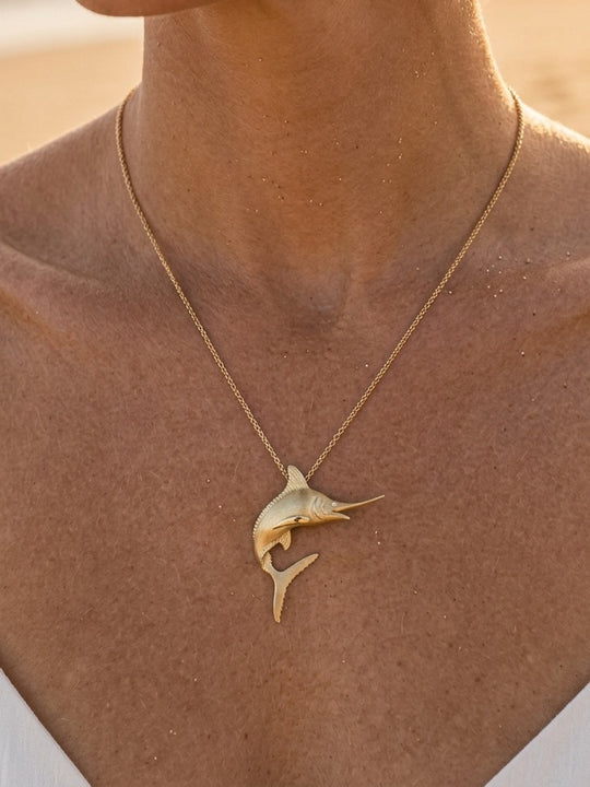 14k 40mm Blue Marlin Pendant with 2 Diamonds