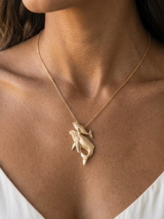 14k 36mm Whale Pendant "First Breath" with 2 Diamonds