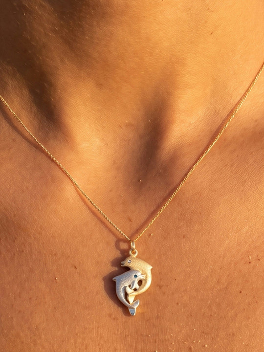 14k 2/tone 15mm "Dancing Couple" Dolphin Pendant with blue and white diamonds