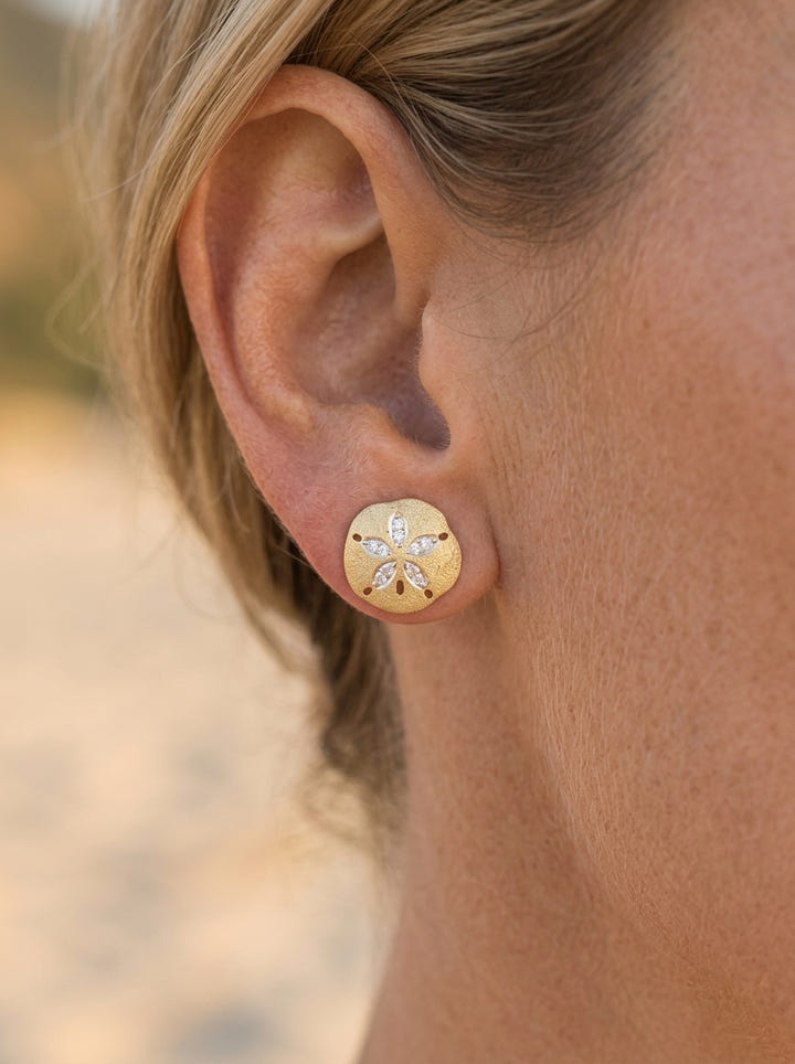 14k 12mm Stud Sand Dollar Earring with 20 diamonds — close-up on model