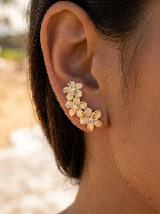 8mm 14k Plumeria Earring with 6 diamonds