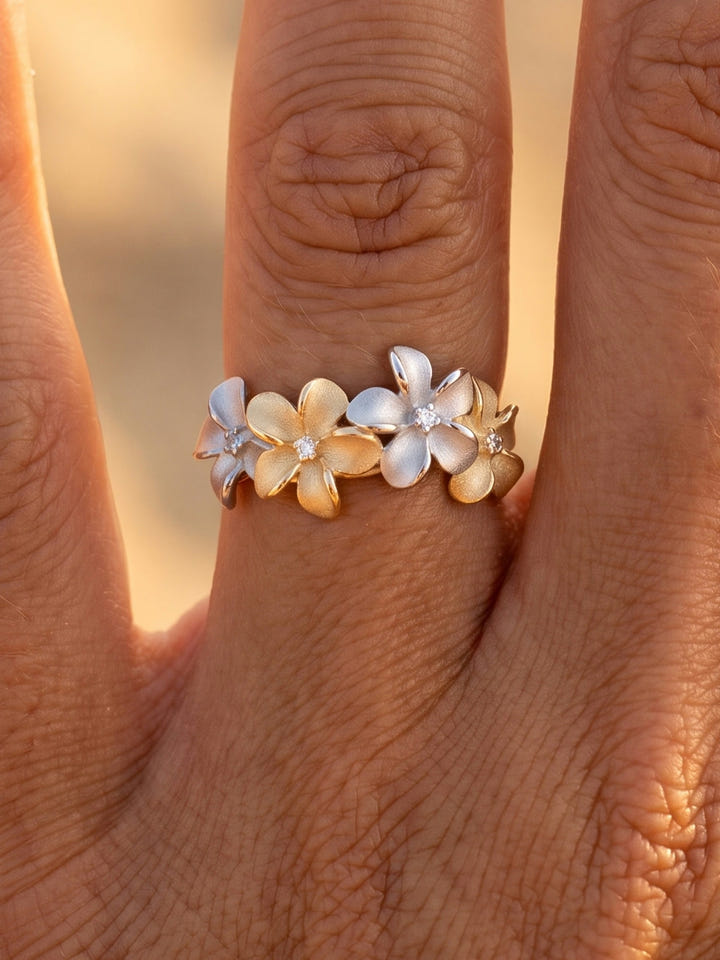 14k 2/Tone 8mm Plumeria Ring with Diamonds — close-up on model