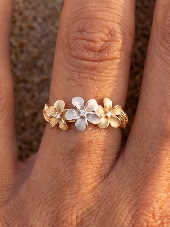 8mm 14k 2/tone Diamond Plumeria Ring — close-up on model