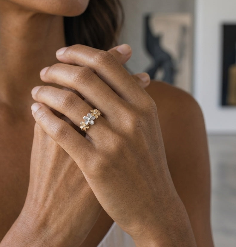8mm 14k 2/tone Diamond Plumeria Ring — worn on model (brunette, view 1)
