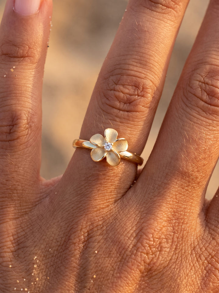 8mm 14k Plumeria Diamond Ring — close-up on model