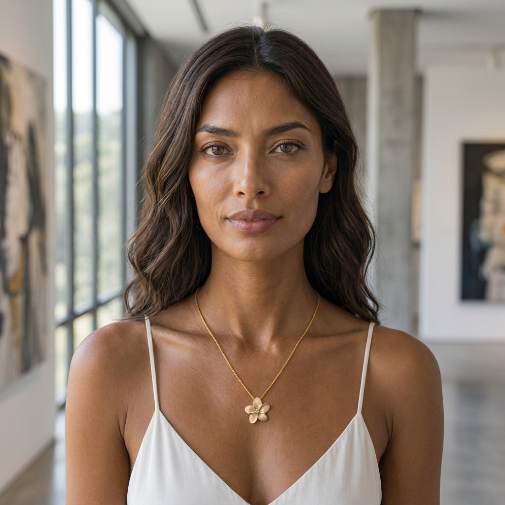 24mm 14k Plumeria Diamond Pendant — worn on model (brunette, view 2)