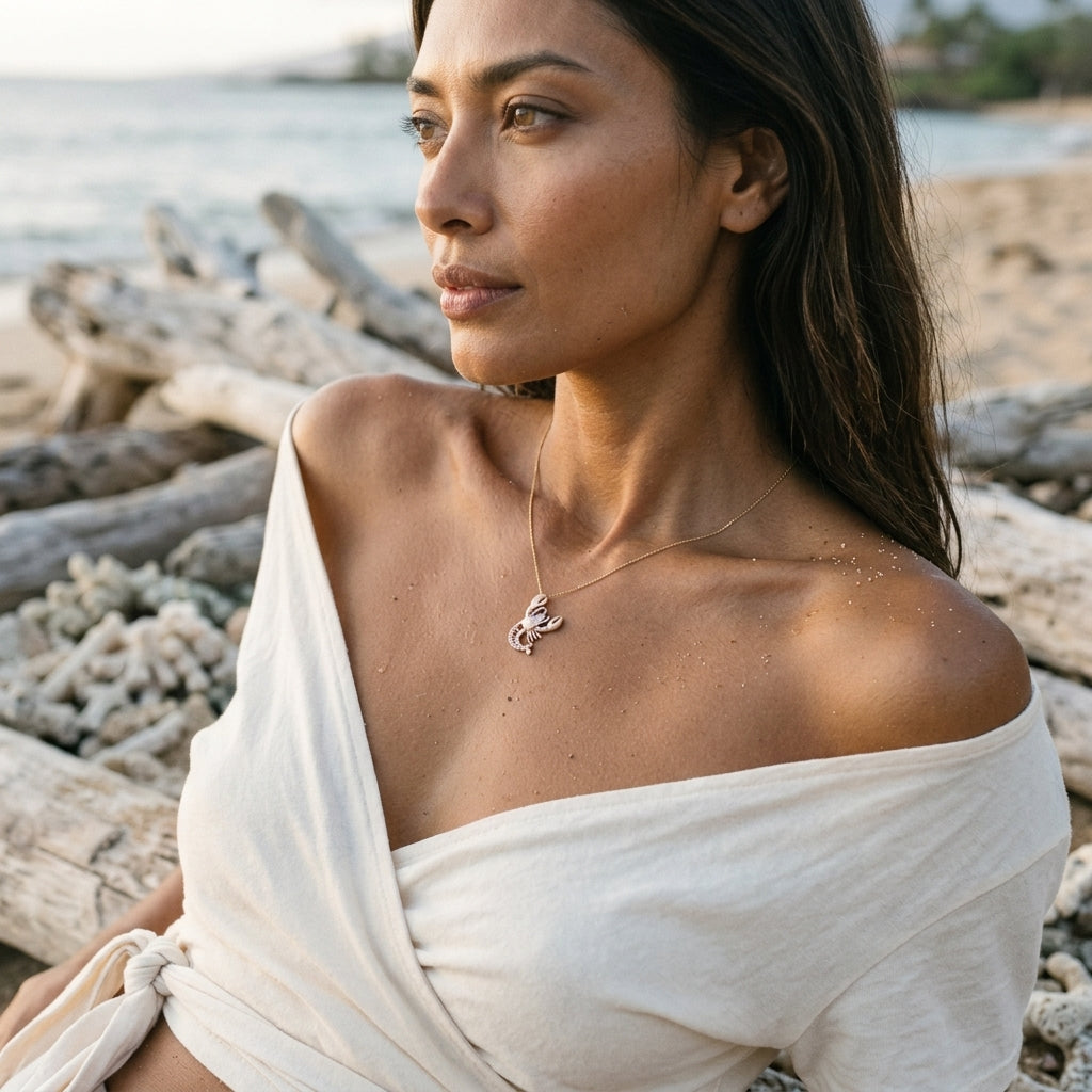 14k 2/tone Lobster Pendant with 2 Diamonds and 16 Pastel Pink Sapphires — worn on model (brunette, view 3)