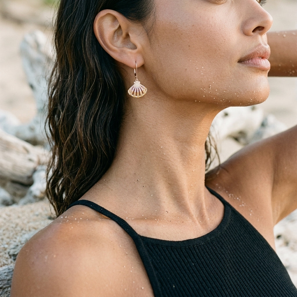 14k 2/tone Shell Earring with 96 Colored Sapphires — worn on model (brunette, view 3)