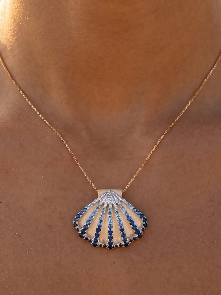 14k 2/tone 30mm Shell Pendant with 7 White Sapphires and 74 Blue Sapphires — close-up on model
