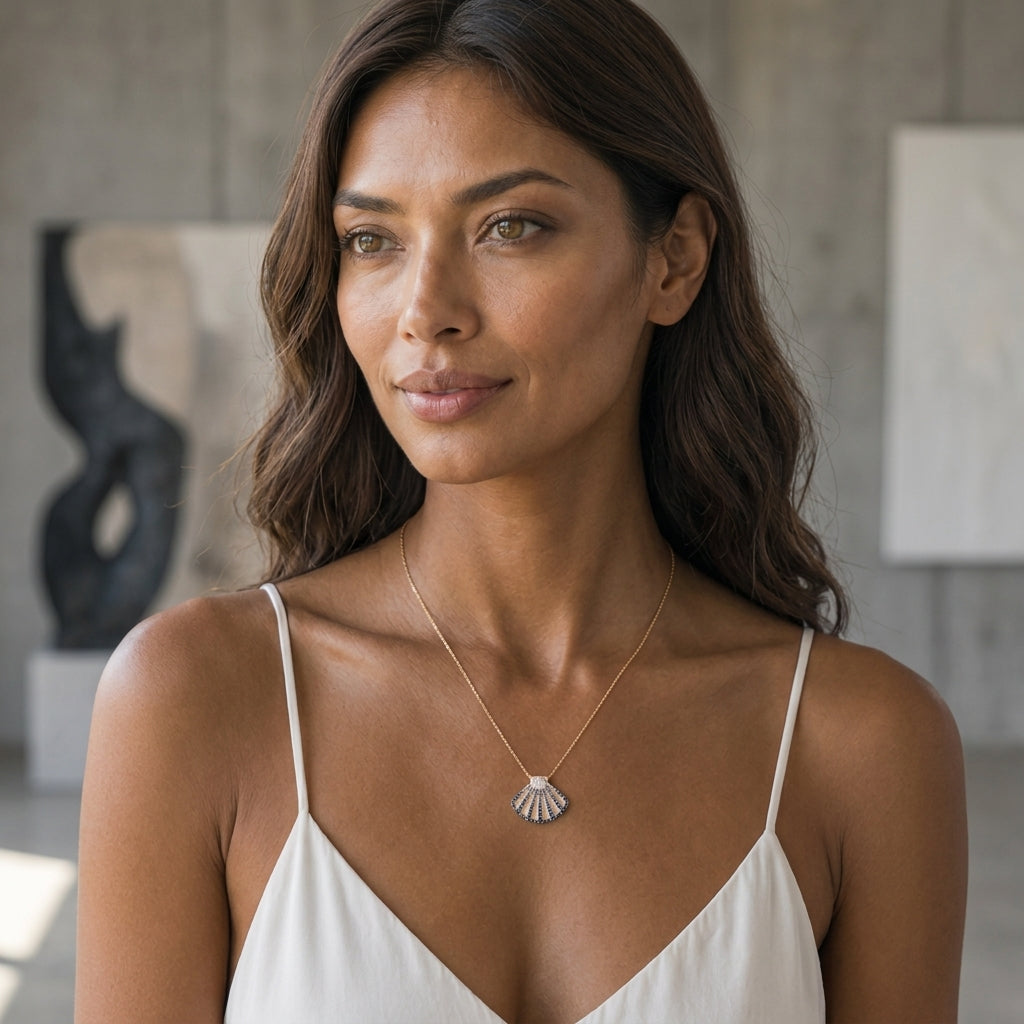 14k 2/tone 30mm Shell Pendant with 7 White Sapphires and 74 Blue Sapphires — worn on model (brunette, view 2)