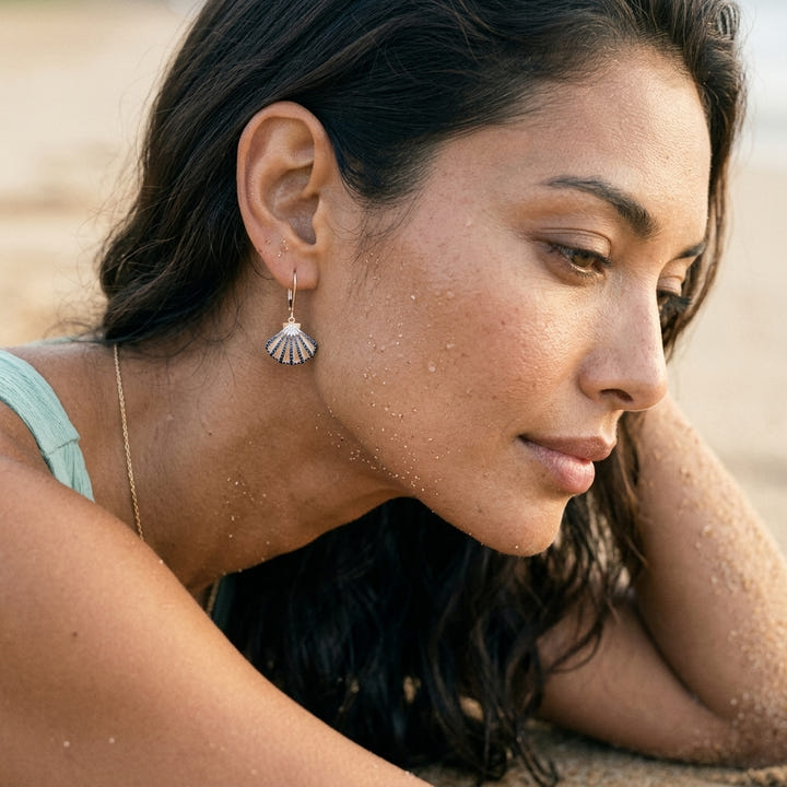 14k 2/tone Shell Earrings with 96 Sapphires — worn on model (brunette, view 4)