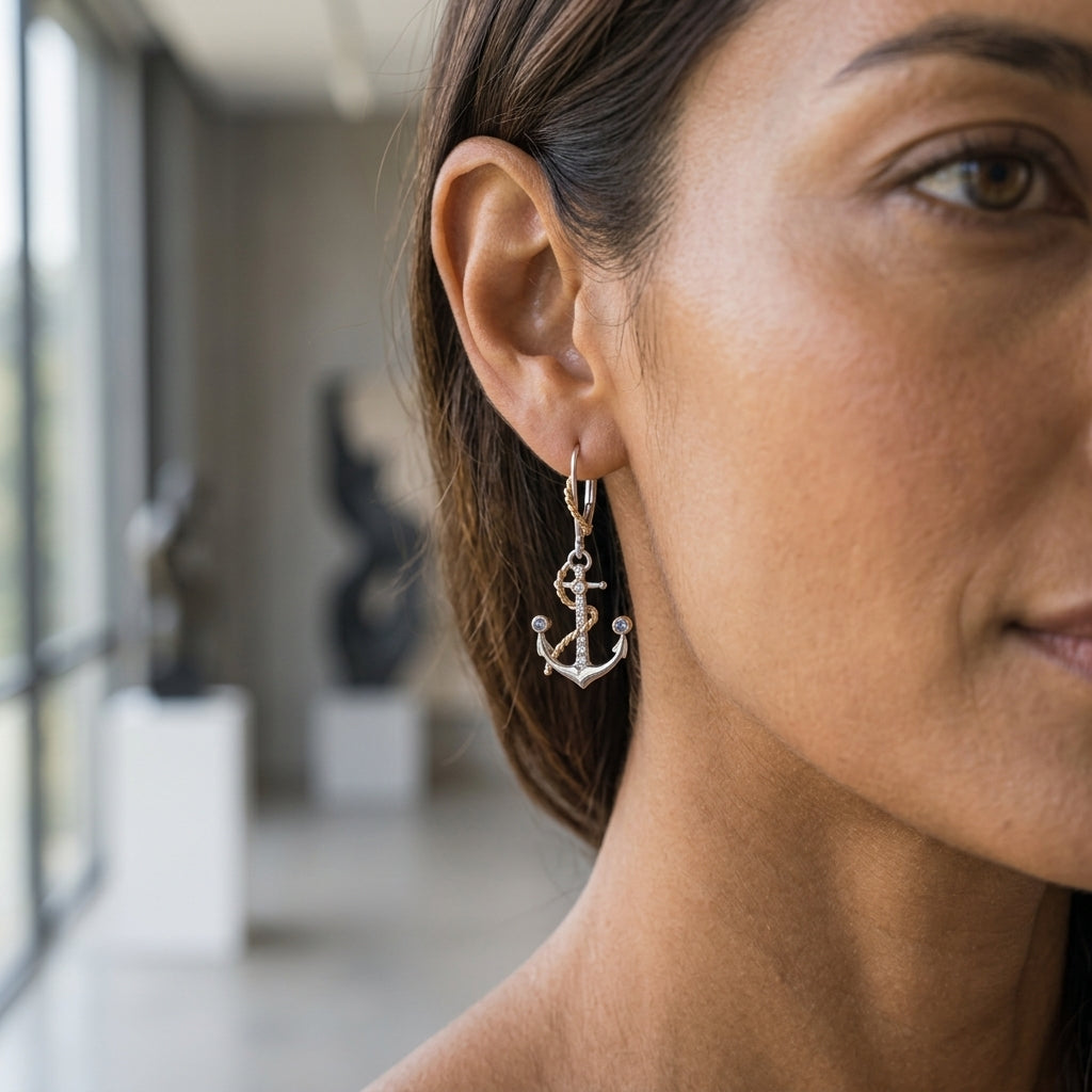 14k 2/tone "ANCHOR" Dangle Leverback Earrings With 18 Diamonds and 4 Tanzanites — worn on model (brunette, view 2)