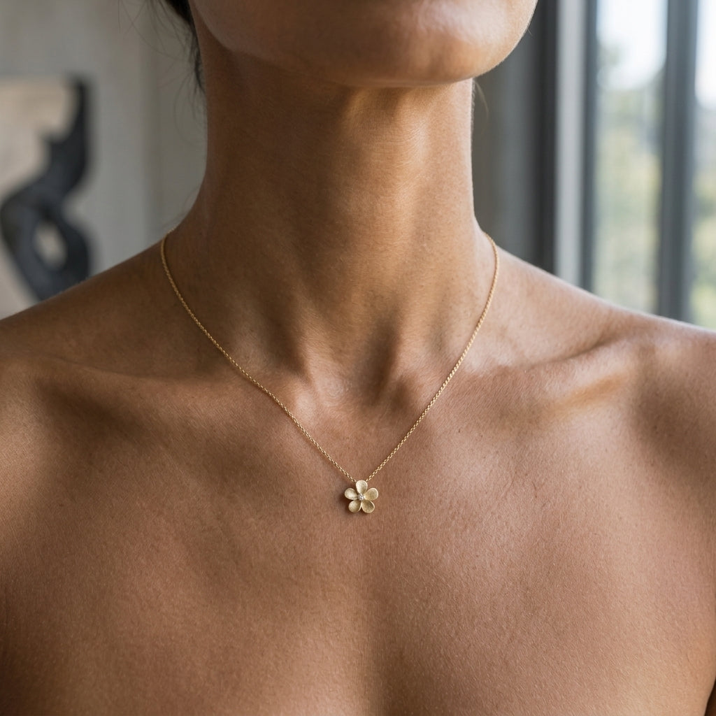 14k 15mm Plumeria Slide with 0.04 carats diamond — worn on model (brunette, view 2)
