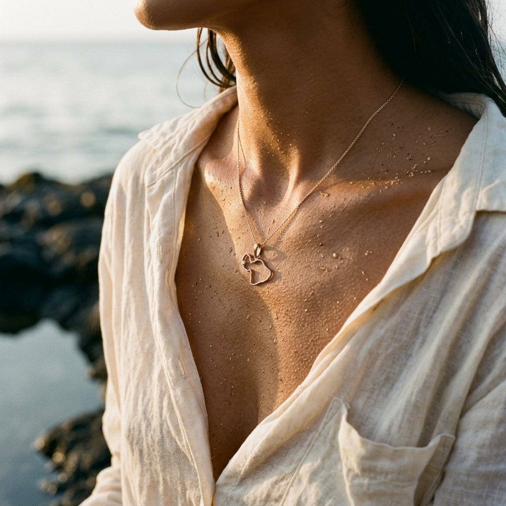 14ky "Maui" Pendant with 0.03 Carat Diamond (for LAHAINA) — worn on model (brunette, view 1)
