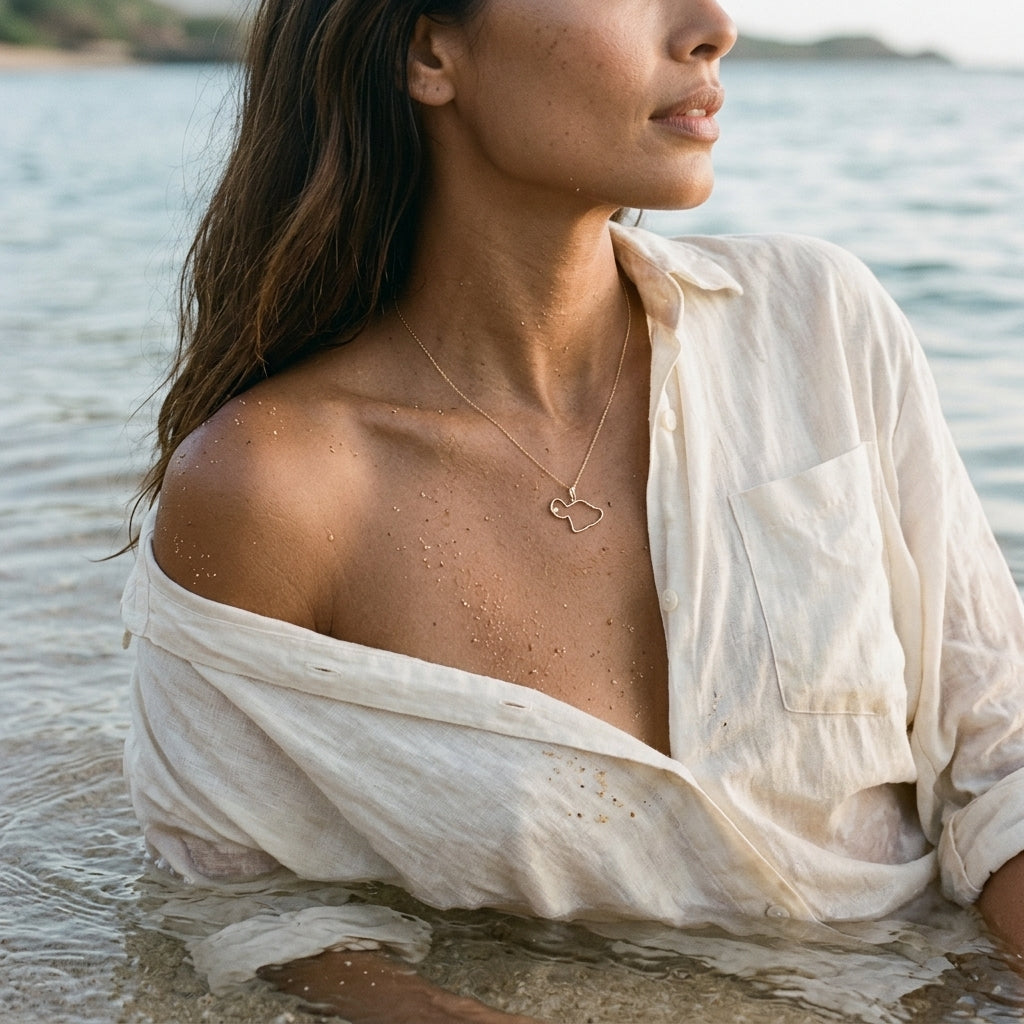 14ky "Maui" Pendant with 0.03 Carat Diamond (for LAHAINA) — worn on model (brunette, view 2)