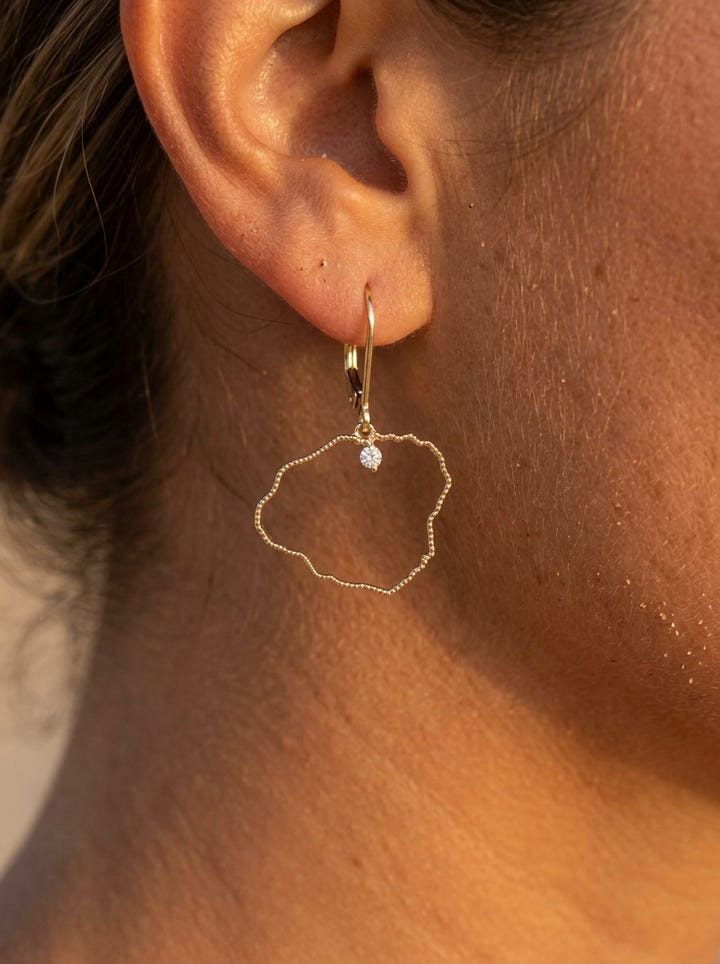 14ky "Kauai" Earrings with Dangle Leverbacks, w/2 diamonds .06ct (At Hanalei) — close-up on model