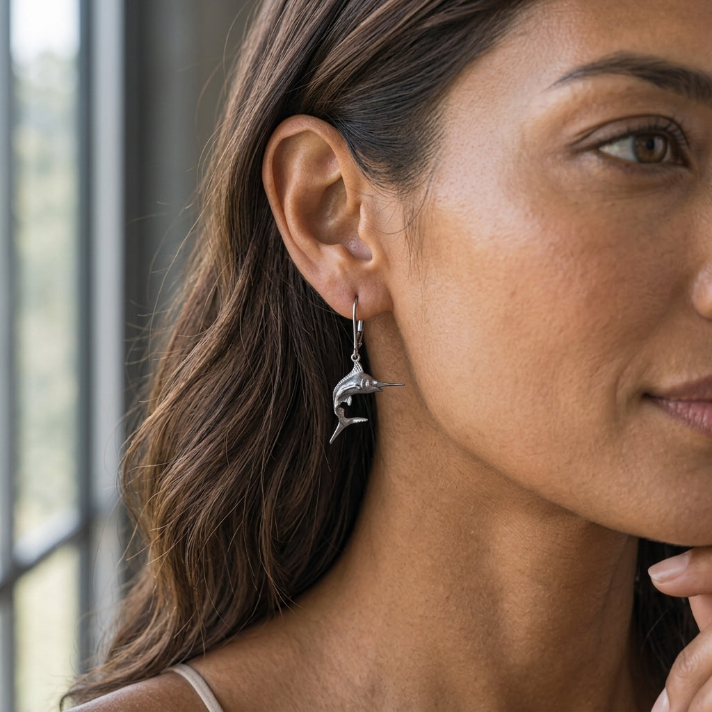 Precious Silver (Precious Silver in Black Rhodium) 18mm Blue Marlin Earring w/4 Diamonds .01ct, with Dangle Leverback — worn on model (brunette, view 2)