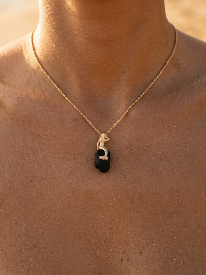 14ky Mermaid Pendant with Black Tourmaline — close-up on model