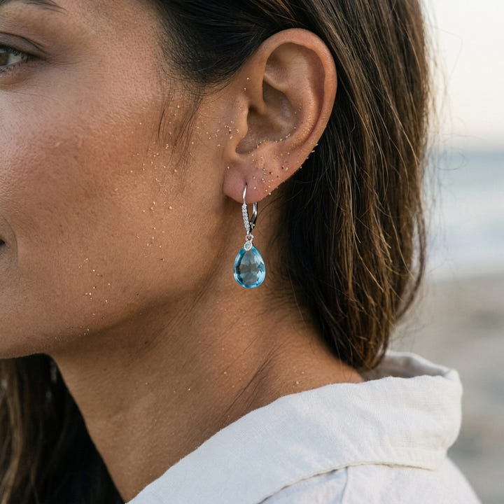 14k 2/Tone Leverback Earring with 12 Diamonds .06ct, 2 Blue Topaz 7.00-9.00ct — worn on model (brunette, view 4)