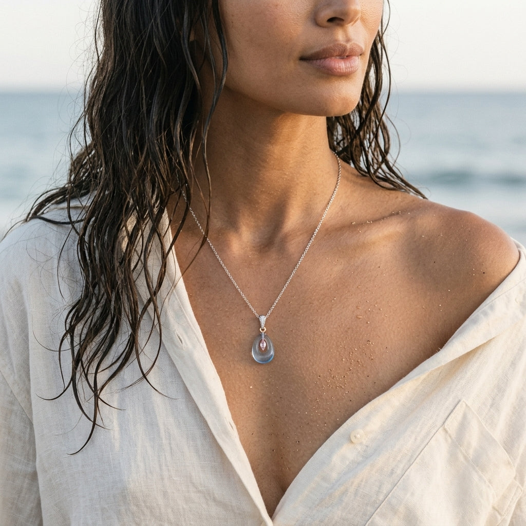 18k 2/Tone Pendant with 4 Diamonds .02ct, Pink Sapphire .11ct, Blue Topaz 3.15ct — worn on model (brunette, view 3)