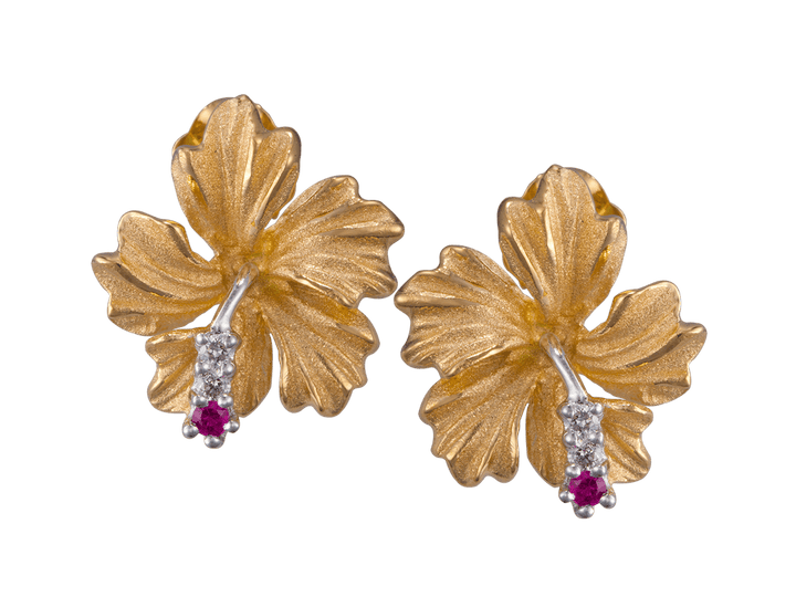 13mm 14k Hibiscus Earrings with 4 diamonds and 2 rubies