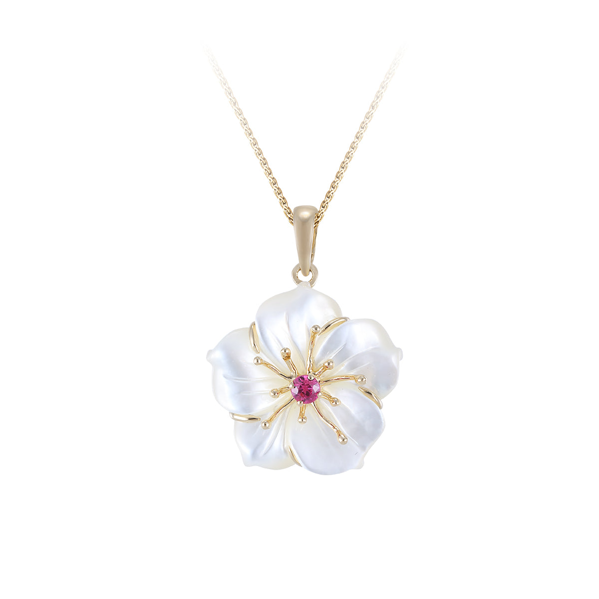 14k 16mm Mother of Pearl Pendant w/2mm Ruby t/w.06ct, Mother of