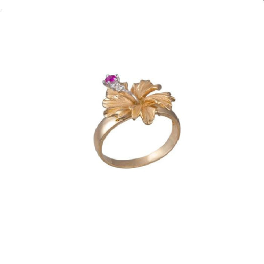 Bague d'hibiscus de 13 mm 14K avec 2 diamants et rubis