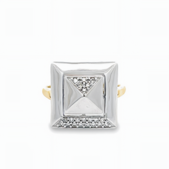 14K YELLOW AND WHITE GOLD DOUBLE PYRAMID SPINNER RING WITH 0.15CTW