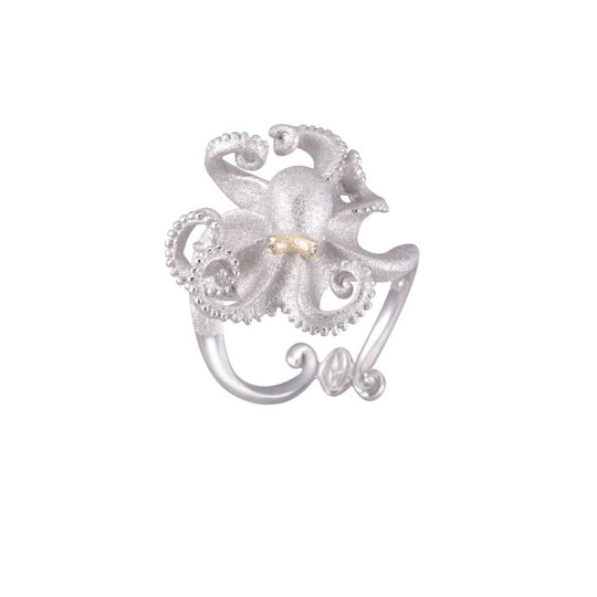 Precious Silver/18k 21mm Octopus Ring with 2 Diamonds