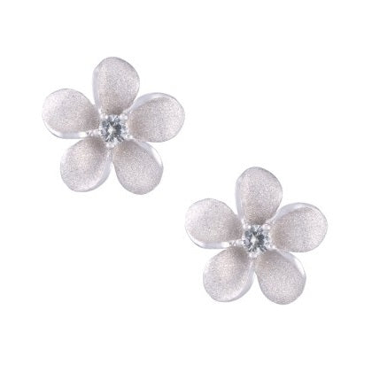 Precious Silver 13mm Plumeria Earrings with 2 White Sapphire