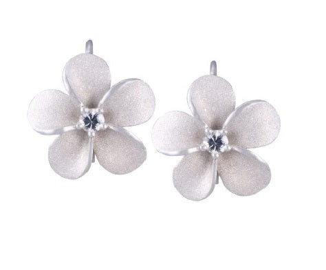 Precious Silver 13mm Plumeria Earrings with 2 White Sapphire