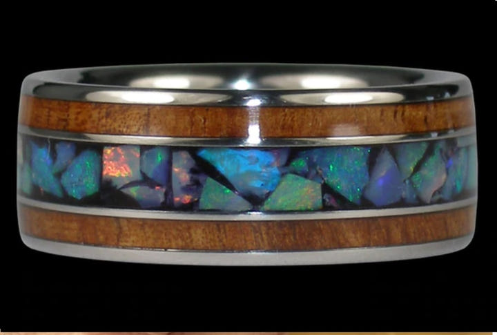 Blue Opal and Koa Wood Titanium Ring