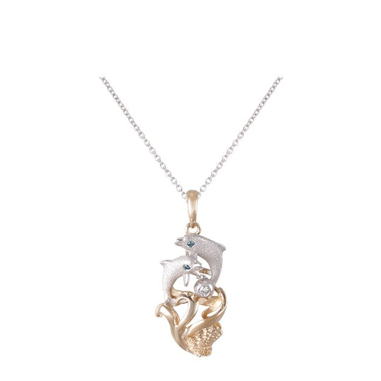 14 Karat zweifarbiger "Jumping Loop" -Delphin-Anhänger mit Diamanten