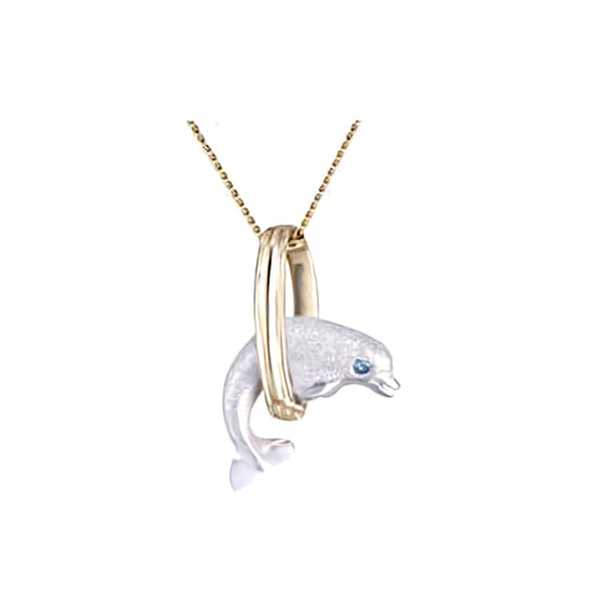 15mm 14K zwei Ton Surfen Delphin Paar Anhänger mit blauen Diamanten