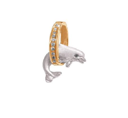 14k 2/tone 15mm "Jumping Loop" Dolphin Pendant with 11 diamonds