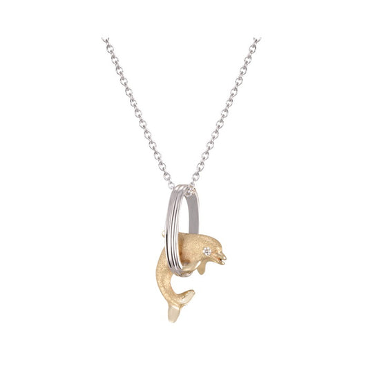 14k 15mm "Jumping Loop" Dolphin Pendant with 0.01 carat diamond