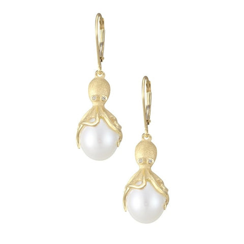 Gold Octopus Earrings With White Fresh Water Pearls & Diamonds
