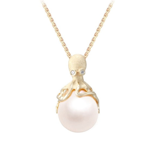 Gold Octopus Pendant With 12mm White Fresh Water Pearl & Diamonds