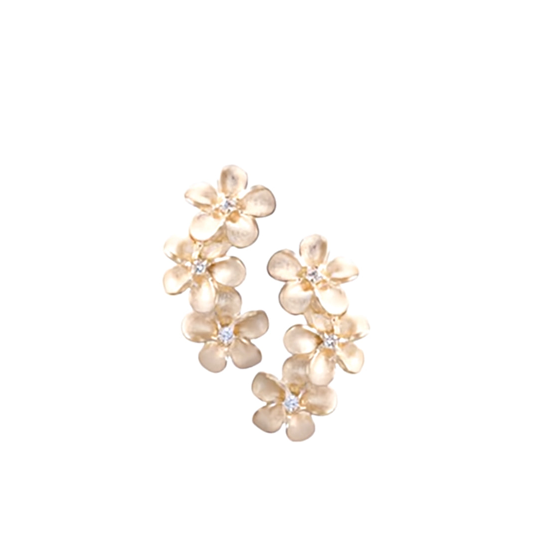 14K DIAMOND PLUMERIA EARRING W/SAND BLAST FINISH