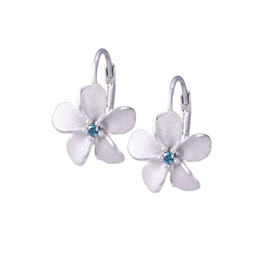 14K WHITE GOLD BLUE DIAMOND PLUMERIA EARRINGS