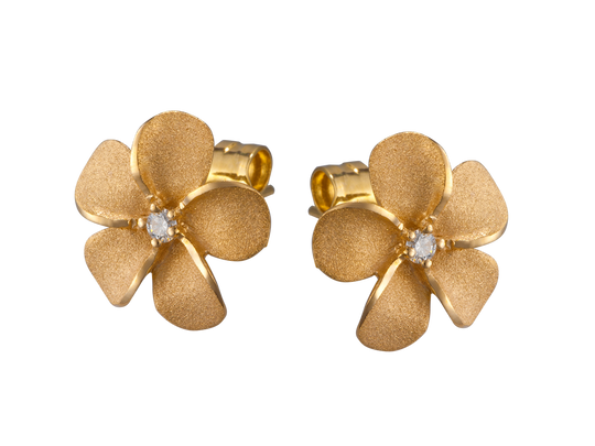 Pendientes de plumeria de 14k 11 mm con 2 diamantes