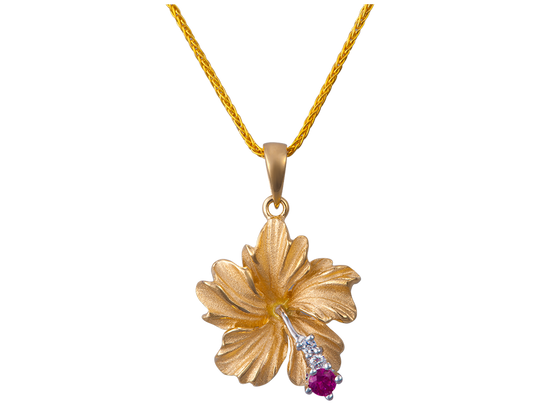 Pendentif d'hibiscus de 14k 15 mm avec 2 diamants et rubis