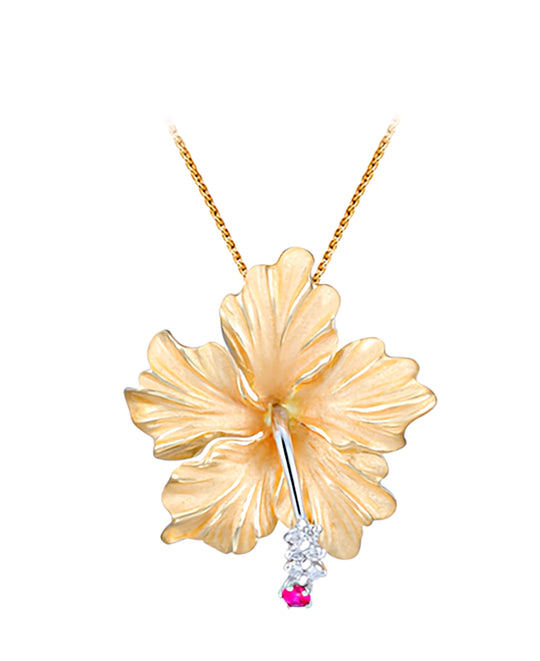 Pendentif Hibiscus 14K 28 mm avec 6 diamants et rubis