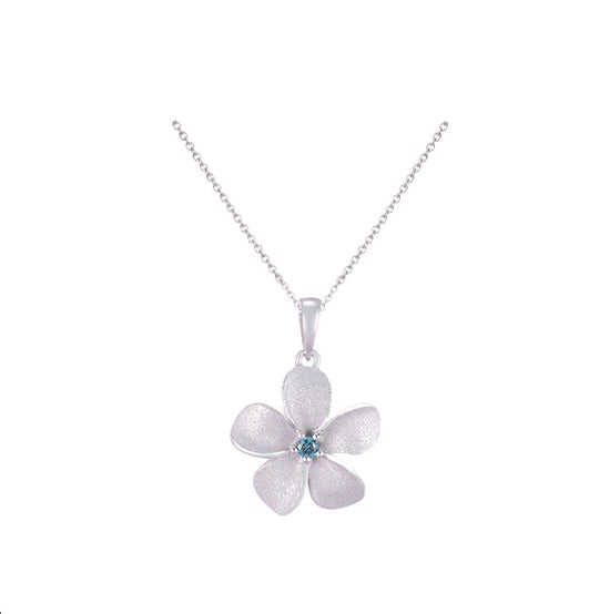14k 15mm Plumeria Pendant with Blue Diamond