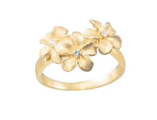 Plumeria-Ring aus 14 Kt. Gelbgold mit 3 Diamanten