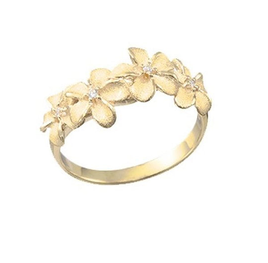Plumeria-Ring aus 14 Kt. Gelbgold mit 3 Diamanten