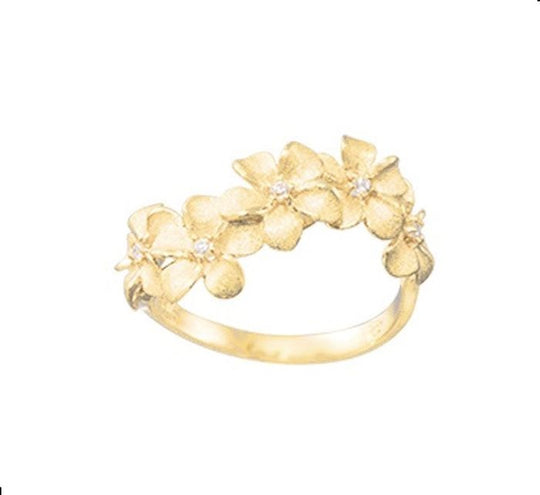 Plumeria-Ring aus 14 Kt. Gelbgold mit 3 Diamanten