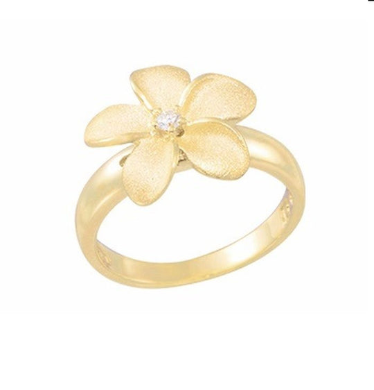 Plumeria-Ring aus 14 Kt. Gelbgold mit 3 Diamanten